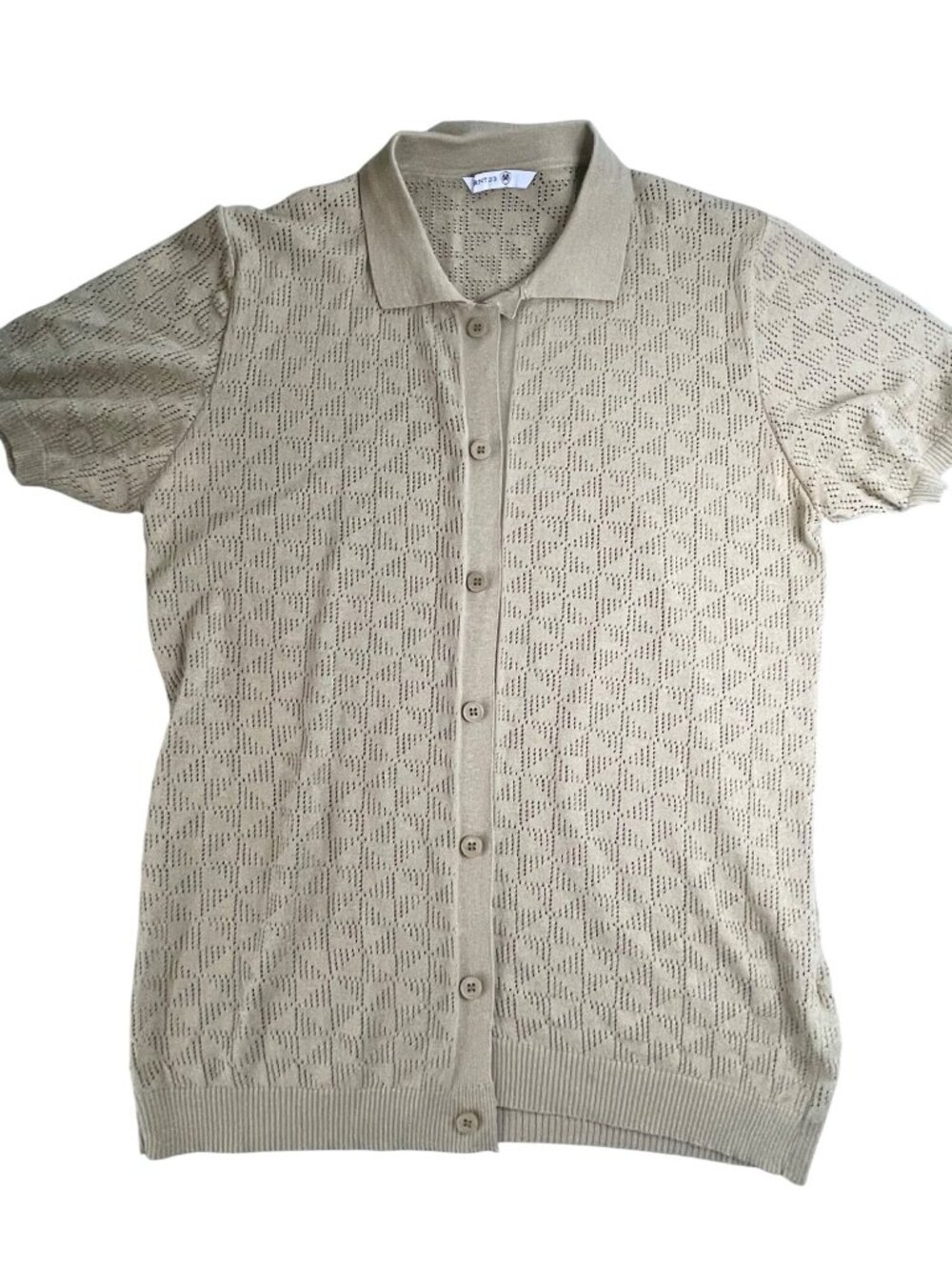 RNT23 Mens Beige Knit Button-Up Short Sleeve Polo Shirt Size L Lightweight